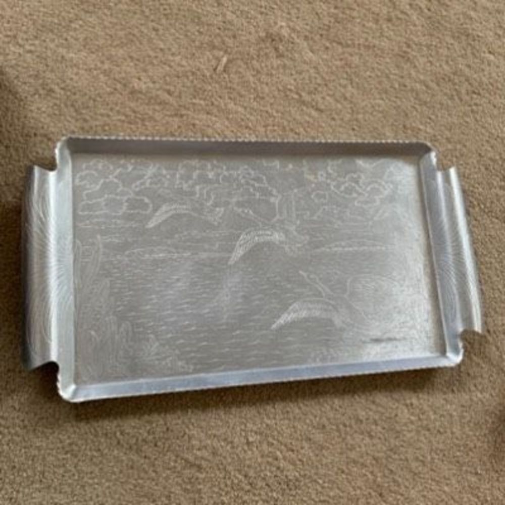 Vintage Handled Hammered Aluminum Tray With Geese
